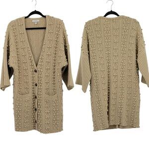 Vintage 70's Faconnable cardigan sweater wool‎ long 3D knobby granny core tan S
